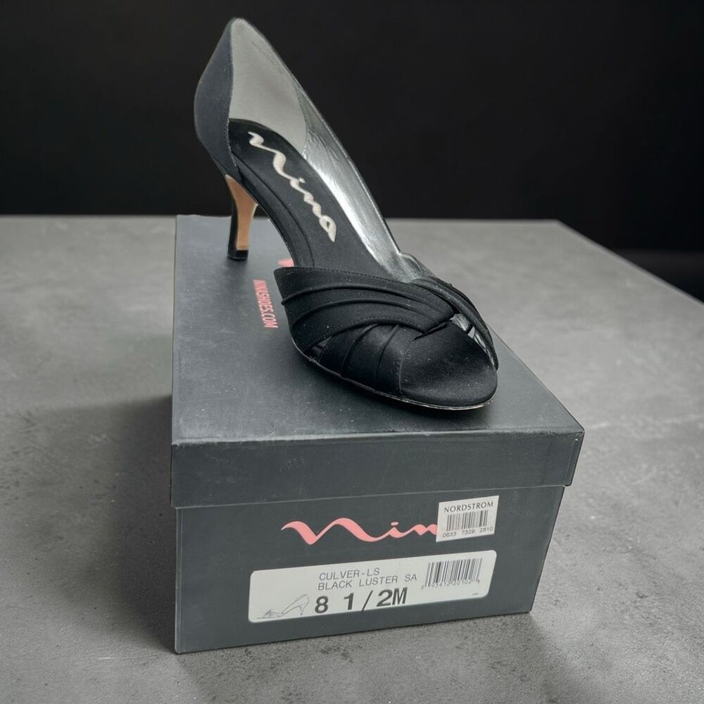 Nina Women's 8.5 Culver Luster Satin Peep Toe Slip-On Pump Heels Black Vintage